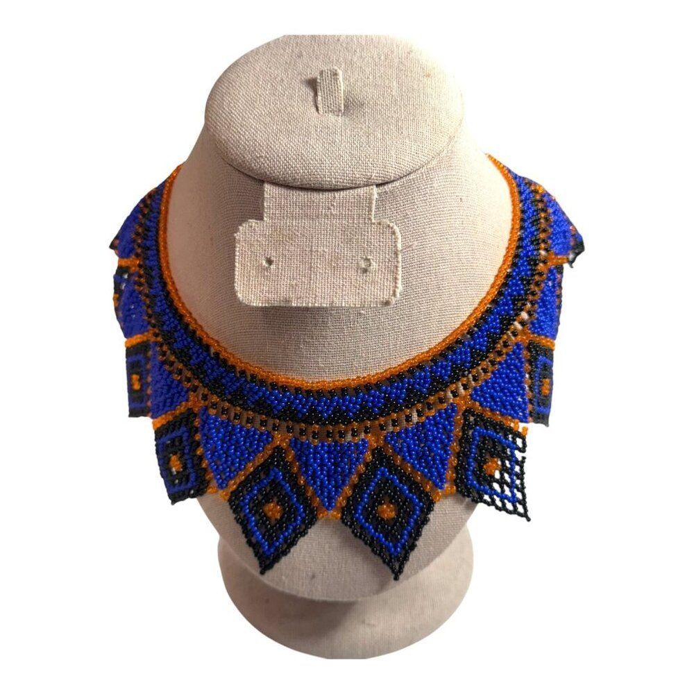 Handcrafted Beaded Tribal Choker Collar Necklace Blue Orange Black 15" Southwest